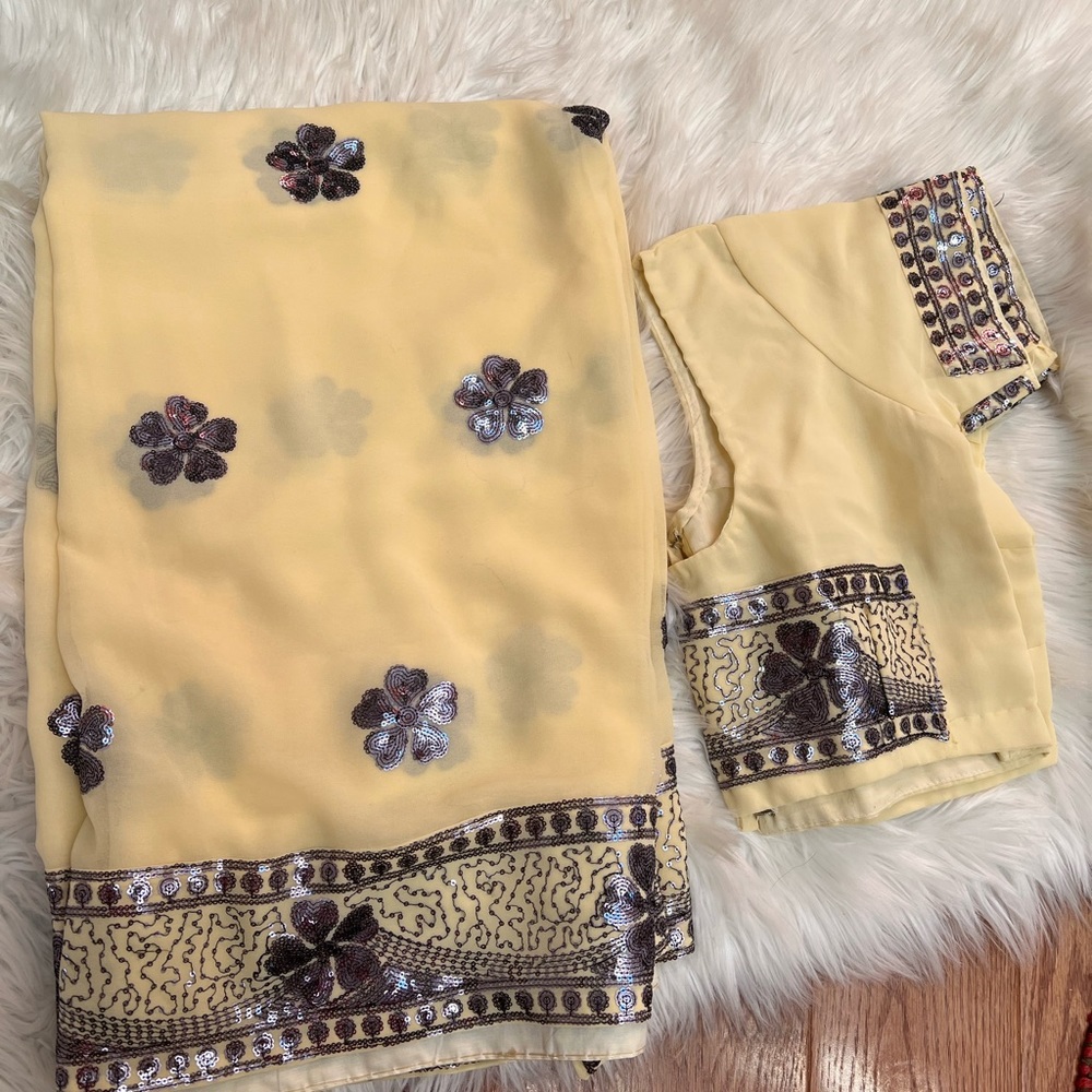 Cream Sequin Shiny Light Weight Party Saree